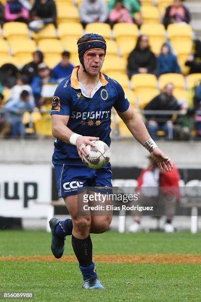 Teihorangi Walden of Otago kicks the ball forward during the round seven Mitre 10 Cup match between Wellington and Otago on October 1, 2017 in...