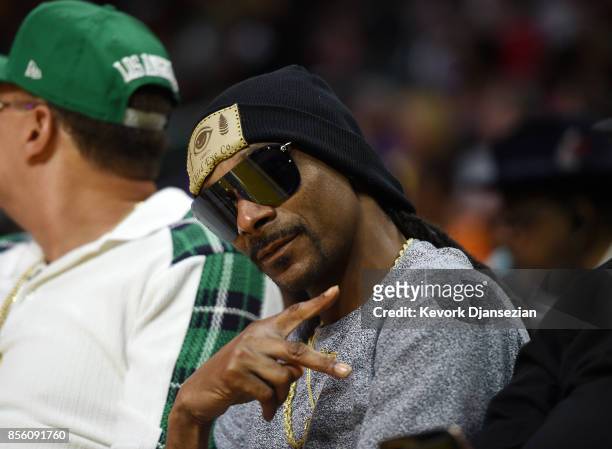 Rapper Snoop Dogg attends Los Angeles Sparks and Minnesota Lynx Game Three of WNBA Finals at Staples Center September 29 in Los Angeles, California.