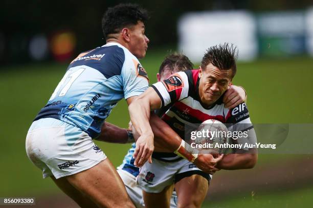 Tim Nanai-Williams of Counties Manukau scores a try against Solomon Alaimalo of Northland during the round seven Mitre 10 Cup match between Counties...