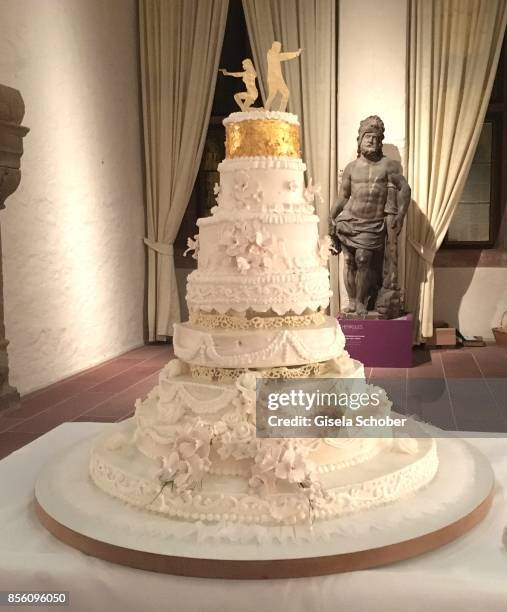 Wedding cake during the church wedding of Erdogan Atalay and Katja Ohneck at Heidelberg Castle on September 30, 2017 in Heidelberg, Germany.