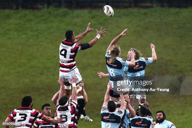 Jimmy Tupou of Counties Manukau competes at the lineout against Matt Matich and Josh Goodhue of Northland during the round seven Mitre 10 Cup match...