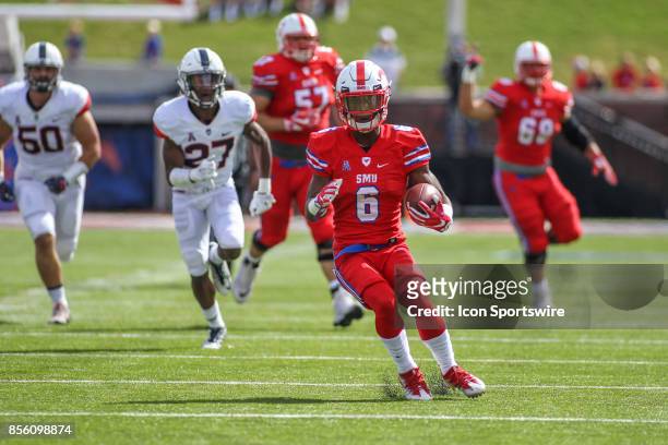 Southern Methodist Mustangs running back Braeden West runs up the field during the game between SMU and UConn on September 30 at Gerald J. Ford...