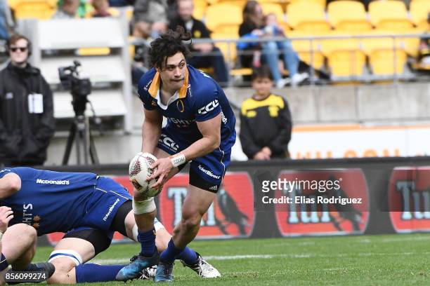 Jonathan Ruru of Otago clears the ball from the ruck during the round seven Mitre 10 Cup match between Wellington and Otago on October 1, 2017 in...