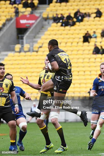 Julian Savea of Wellington claims the high ball during the round seven Mitre 10 Cup match between Wellington and Otago on October 1, 2017 in...