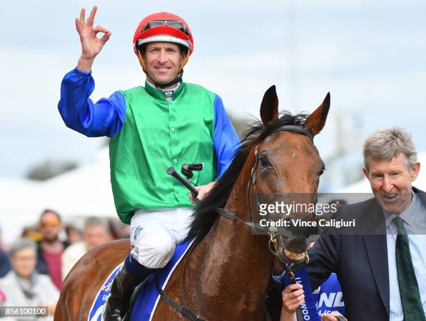 Hugh Bowman riding Bonneval after winning Race 7, Underwood Stakes during Melbourne Racing at Caulfield Racecourse on October 1, 2017 in Melbourne,...