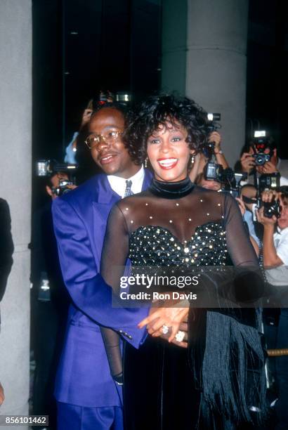 American singer Bobby Brown and wife, singer and actress Whitney Houston attend the 1992 Carousel of Hope Ball to Benefit the Barbara Davis Center...