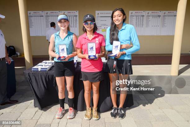 Second, first and third place driving skills for girls age 12-13 category Sophia Spiva, left, Catherine Rao, center, and Jade Maugu pose with their...