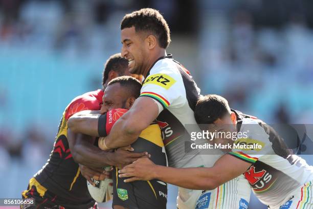 Stargoth Amean of the Hunters is tackled during the 2017 State Championship Final between the Penrith Panthers and Papua New Guinea Hunters at ANZ...