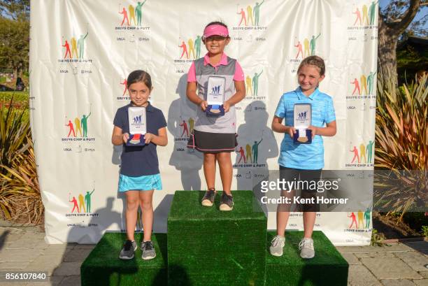 Second, first and third place putting skills for girls age 7-9 category Maci Sutton, left, Kady Matsumoto, center, and Sara Andrus pose with their...
