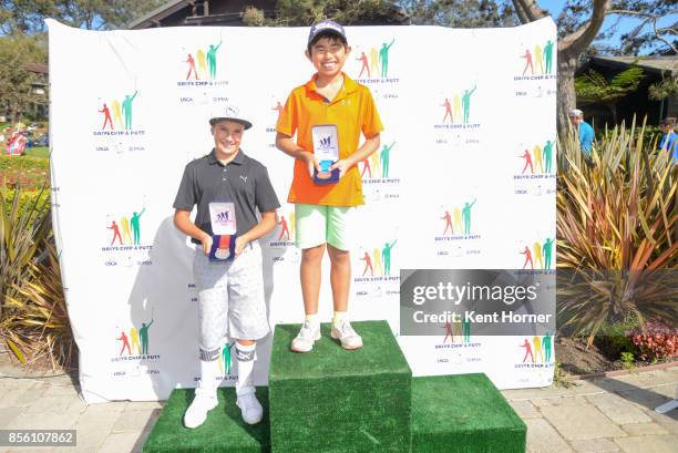 First and second place chipping skills for boys age 10-11 category Kai Hirayama, right, and Ryder Rasmussen pose with their medals during a regional...