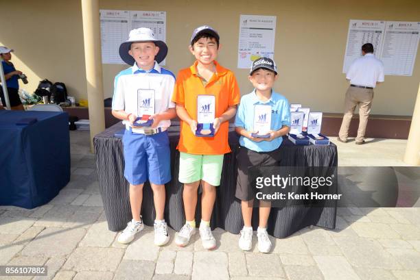 Second, first and third place putting skills for boys age 10-11 category Adam Anderson, left, Kai Hirayama, center, and Tyler Tamayori pose with...