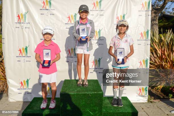 Second, first and third place chipping skills for girls age 7-9 category Anna Fang, left, Mia Nakaoka, center, and Cameron Huang pose with their...