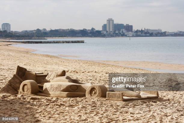 Sand sculpture of a Red Bull Racing car is seen on St Kilda beach during previews to the Australian Formula One Grand Prix on March 26, 2009 in...
