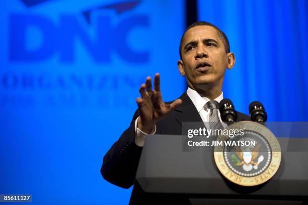 President Barack Obama makes remarks at a Democratic National Committee fundraiser at the Warner Theater in Washington on March 25, 2009. AFP...