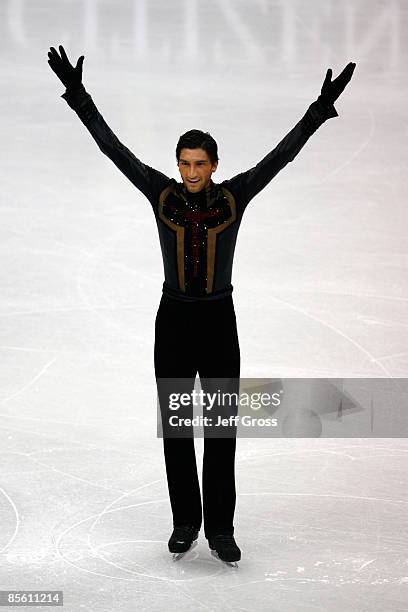 Evan Lysacek of the United States competes in the Men's Short Program during the 2009 ISU World Figure Skating Championships at Staples Center March...