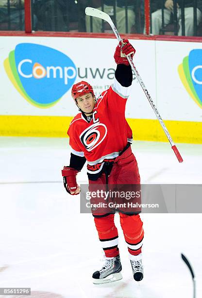 Captain Rod Brind'Amour of the Carolina Hurricanes celebrates after scoring a goal against the Ottawa Senators during the third period at the RBC...