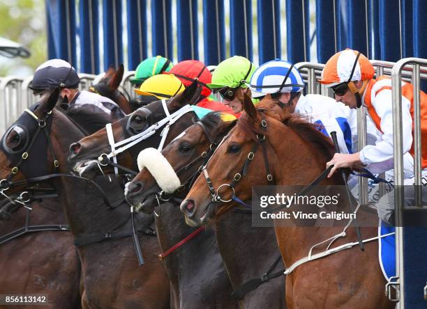 Hugh Bowman riding Lycurgus, Luke Nolen riding Hardham and Regan Bayliss riding So Belafonte at barrier start of Race 3 during Melbourne Racing at...