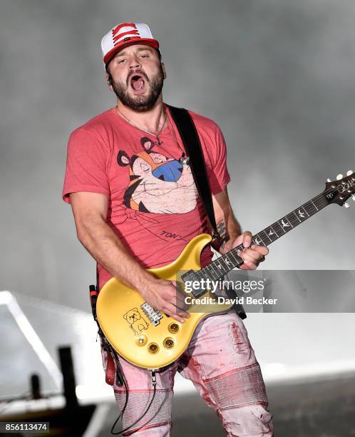 Guitarist Joshua Burkett performs during the Route 91 Harvest country music festival at the Las Vegas Village on September 30, 2017 in Las Vegas,...