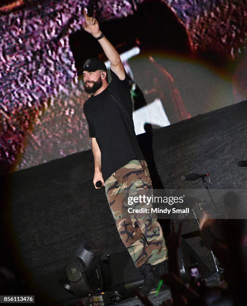 Recording artist Sam Hunt performs during the Route 91 Harvest country music festival at the Las Vegas Village on September 30, 2017 in Las Vegas,...