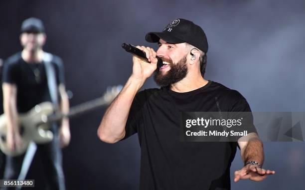 Recording artist Sam Hunt performs during the Route 91 Harvest country music festival at the Las Vegas Village on September 30, 2017 in Las Vegas,...