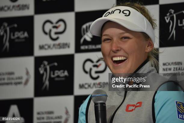Canada's Brooke Henderson speaks to the media after day three of the MCKAYSON New Zealand Women's Open at Windross Farm in Auckland, New Zealand on...