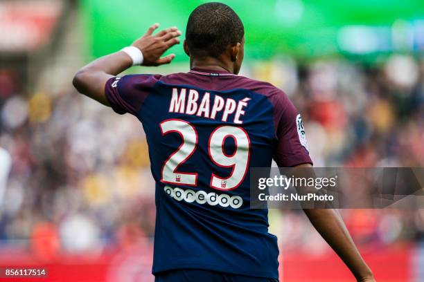 Paris Saint-Germain's French forward Kylian Mbappé Lottin reacts during the French L1 football match between Paris Saint-Germain and Bordeaux at the...