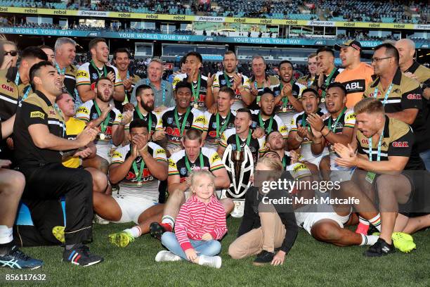 The Panthers celebrate after winning the 2017 State Championship Final between the Penrith Panthers and Papua New Guinea Hunters at ANZ Stadium on...