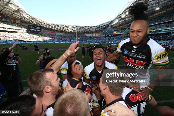 The Panthers celebrate winning the 2017 State Championship Final between the Penrith Panthers and Papua New Guinea Hunters at ANZ Stadium on October...