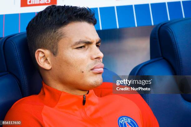 Paris Saint Germain's Brazilian defender Thiago Silva looks on during the French Championship Ligue 1 football match between Paris Saint-Germain and...