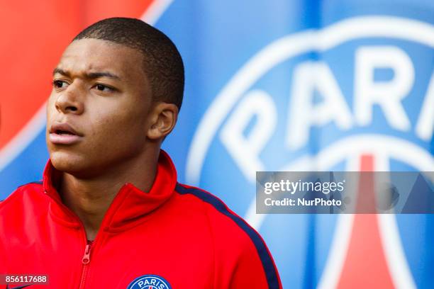 Paris Saint-Germain's French forward Kylian Mbappé Lottin looks on before the French L1 football match between Paris Saint-Germain and Bordeaux at...