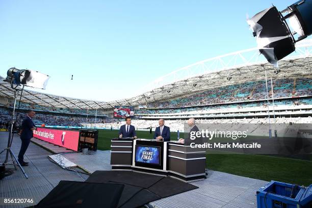 Todd Greenberg is interviewed during the 2017 State Championship Final between the Penrith Panthers and Papua New Guinea Hunters at ANZ Stadium on...