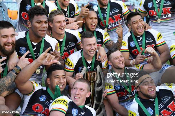 The Panthers celebrate after winning the 2017 State Championship Final between the Penrith Panthers and Papua New Guinea Hunters at ANZ Stadium on...