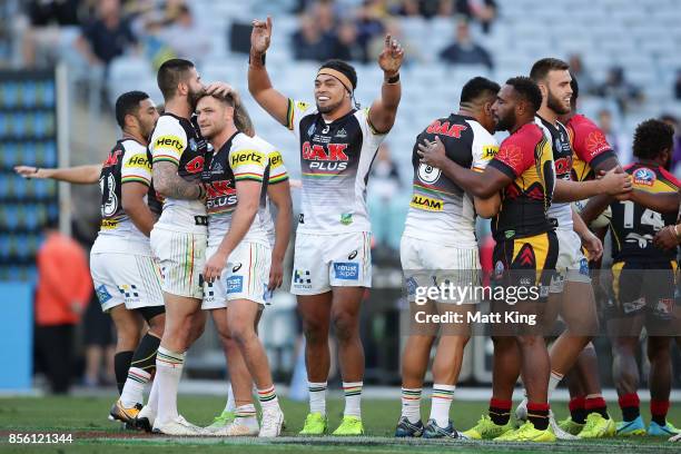 The Panthers celebrate after winning the 2017 State Championship Final between the Penrith Panthers and Papua New Guinea Hunters at ANZ Stadium on...
