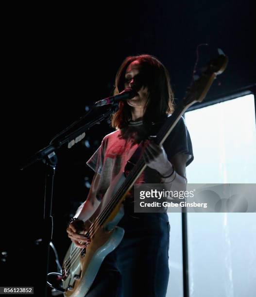 Singer/guitarist Theresa Wayman of Warpaint performs at T-Mobile Arena on September 30, 2017 in Las Vegas, Nevada.