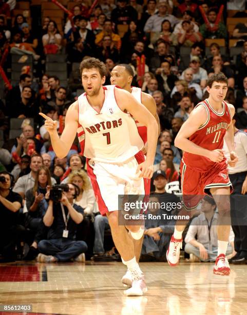 Andrea Bargnani of the Toronto Raptors reacts after a crucial play during a Raptors victory against the Milwaukee Bucks on March 25, 2009 at the Air...