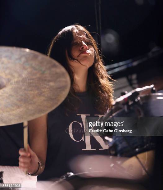 Drummer Stella Mozgawa of Warpaint performs at T-Mobile Arena on September 30, 2017 in Las Vegas, Nevada.