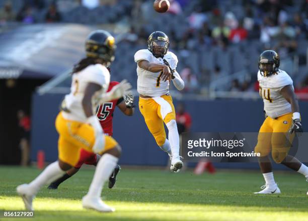 Grambling State Tigers quarterback Devante Kincade throws a pass between the Clark Atlanta Panthers and Grambling State Tigers on September 30, 2017...
