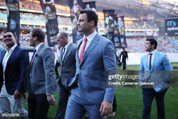 Retiring NRL player David Shillington thanks the crowd before the 2017 NRL Grand Final match between the Melbourne Storm and the North Queensland...