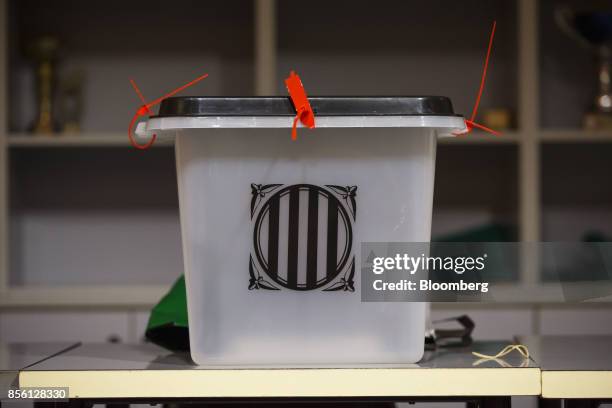 Ballot box sits on display at the Municipal Sport Center, a polling station used for the banned referendum, in Sant Julia de Ramis, Spain, on Sunday,...