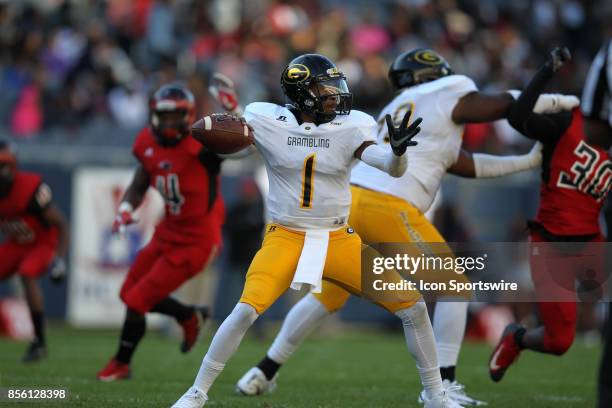 Grambling State Tigers quarterback Devante Kincade in action between the Clark Atlanta Panthers and Grambling State Tigers on September 30, 2017 at...