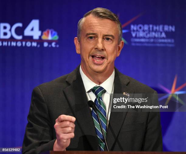 Republican candidate Ed Gillespie makes his opening statement during his debate with Lt. Gov. Ralph Northam, Democrat, on September 2017 in McLean,...