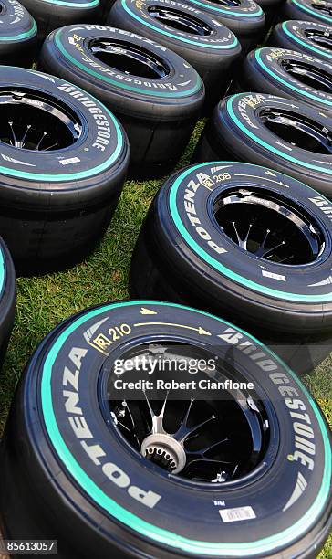 Bridgestone slick tyres are seen in the paddock during previews to the Australian Formula One Grand Prix at the Albert Park Circuit on March 26, 2009...