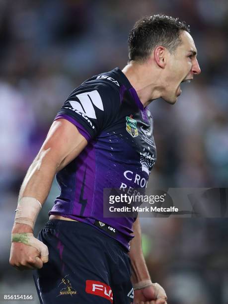 Billy Slater of the Storm celebrates scoring a try during the 2017 NRL Grand Final match between the Melbourne Storm and the North Queensland Cowboys...