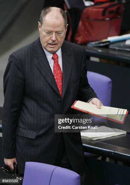 German Finance Minister Peer Steinbrueck attends the Government Statement at the Bundestag ahead of the NATO summit on March 26, 2009 in Berlin,...