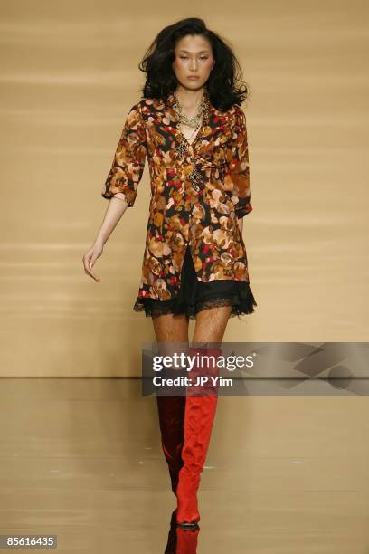 Model walks the runway wearing Baby Phat & KLS Collection Fall 2009 during Mercedes-Benz Fashion Week at Gotham Hall on February 17, 2009 in New York...