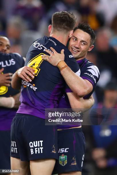 Cooper Cronk of the Storm celebrtes winning the 2017 NRL Grand Final match between the Melbourne Storm and the North Queensland Cowboys at ANZ...