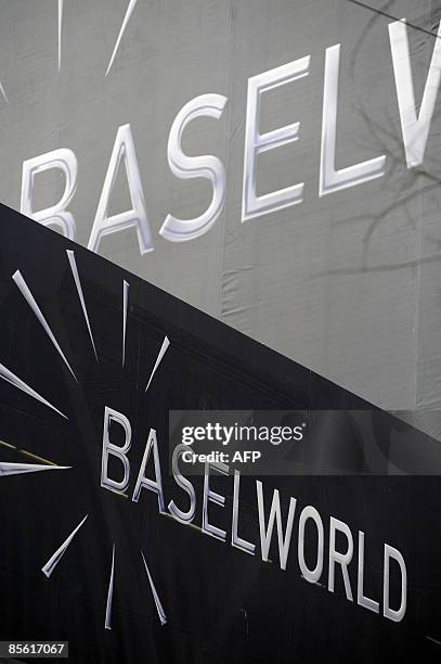 The logo of Baselworld is seen on a building at the Baselworld 2009 watch and jewellery show on March 26, 2009 in Basel. The glittering watch and...