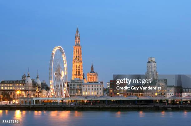 antwerp cathedral with ferris wheel - scheldt river stockfoto's en -beelden