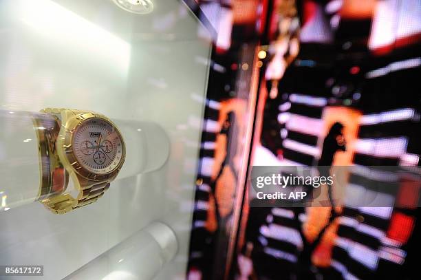 Watch is exposed at Dolce and Gabbana's stand during the Baselworld 2009 watch and jewellery show on March 26, 2009 in Basel. The glittering watch...