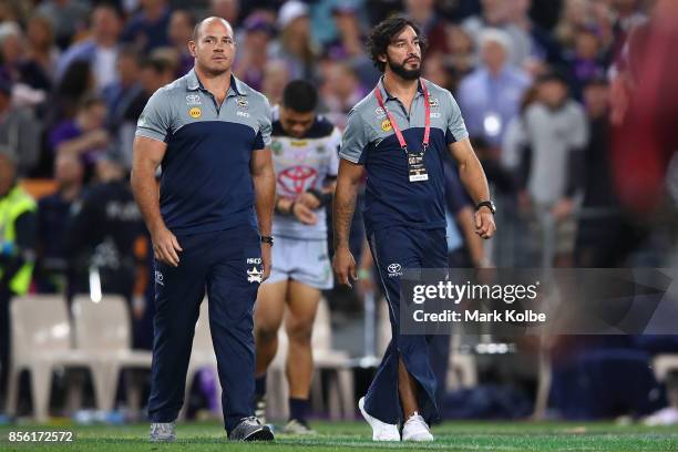 Matt Scott and Johnathan Thurston of the Cowboys look dejected after the 2017 NRL Grand Final match between the Melbourne Storm and the North...